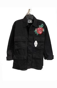 Floral Applique Jacket, Black, Applique, Belted