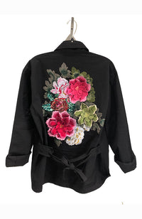 Floral Applique Jacket, Black, Applique, Belted