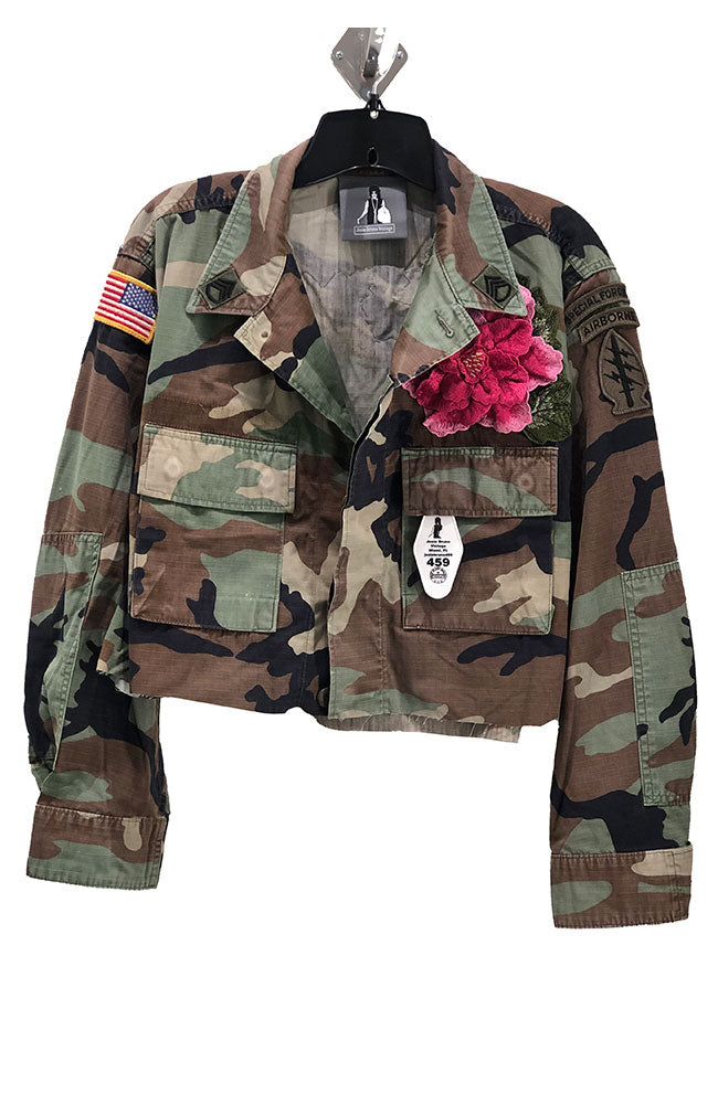 Camo Crop Jacket with Floral Applique