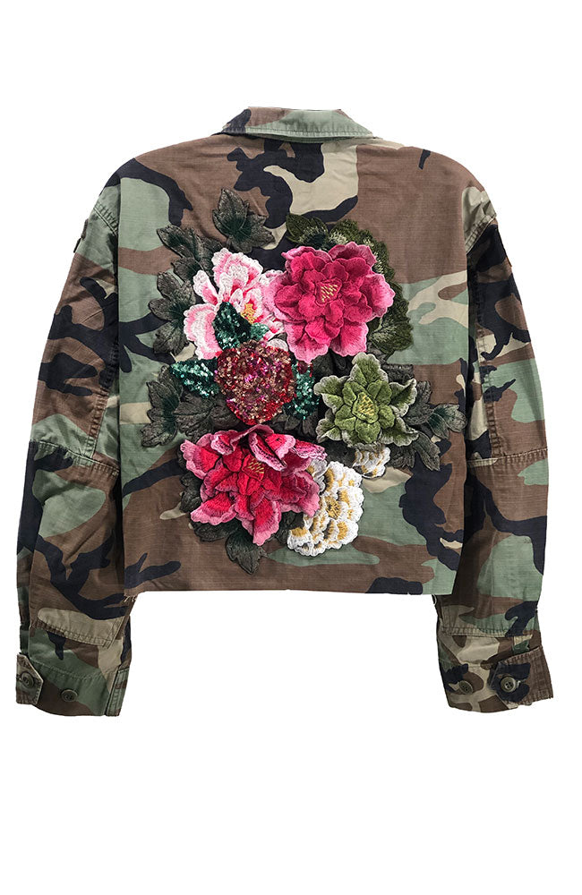 Camo Crop Jacket with Floral Applique
