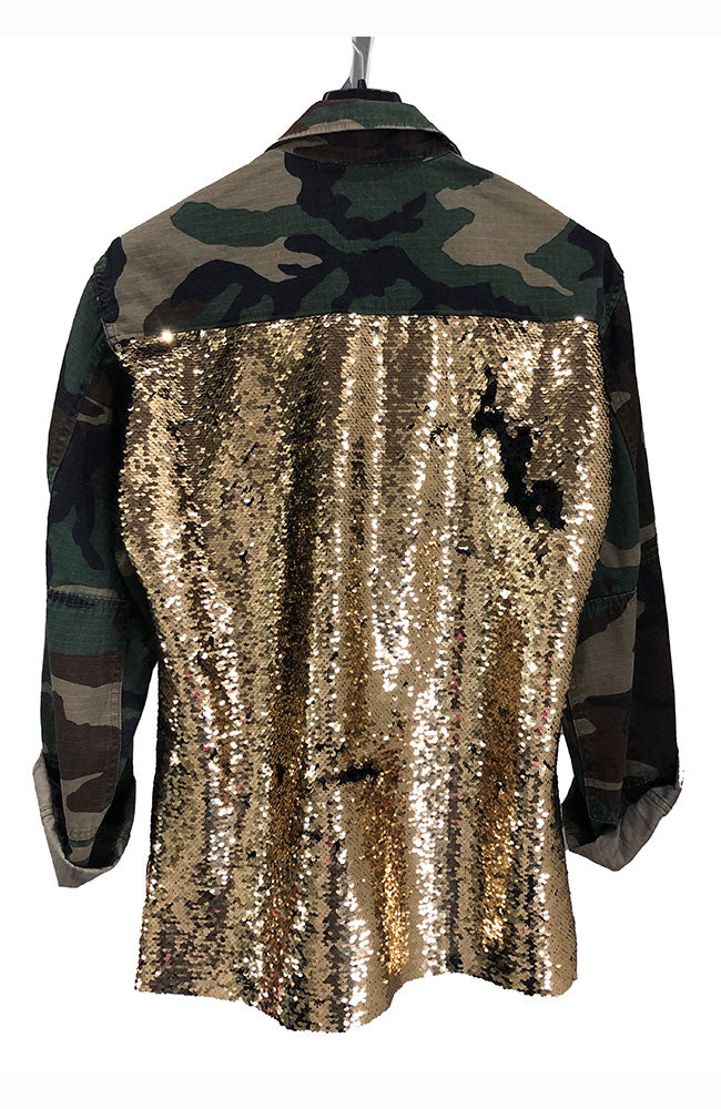 Gold Black Sequin Jacket Full Length Green Camo