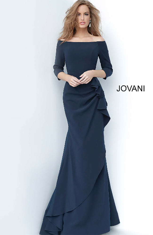 Off Shoulder Rouched Gown in Navy