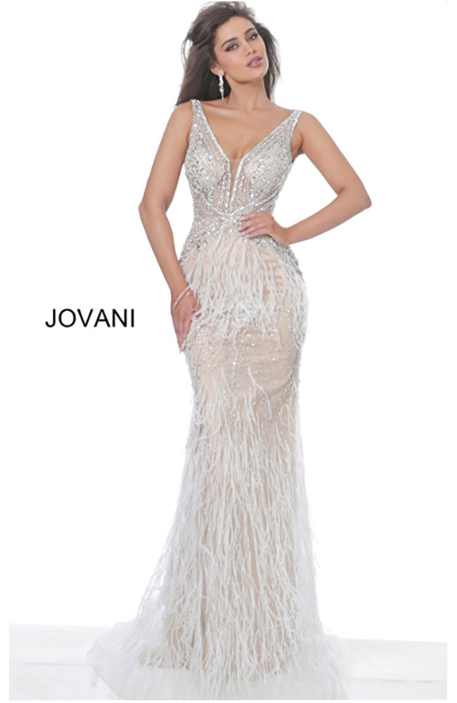 Plunging Neck Feather Gown in Black (Shown in Ivory)
