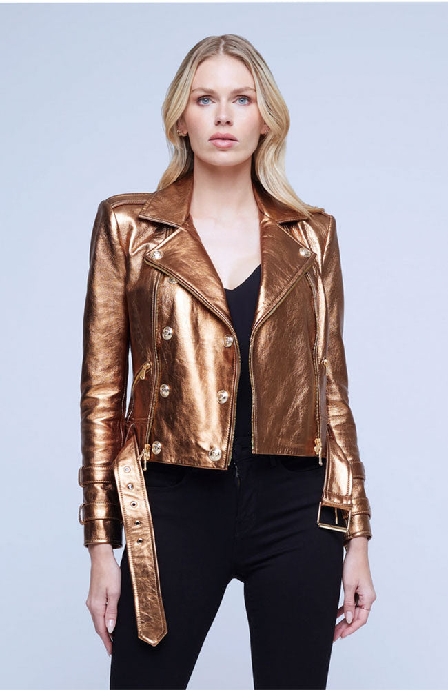 Billie Belted Leather Jacket in Gold
