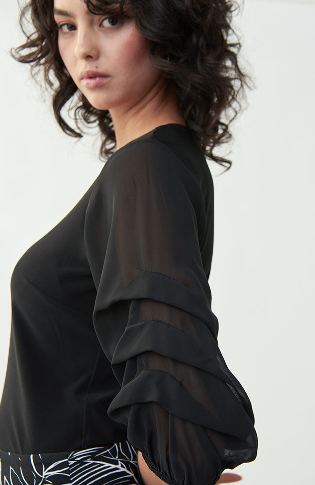 Ruffle Mesh Sleeve Top in Black