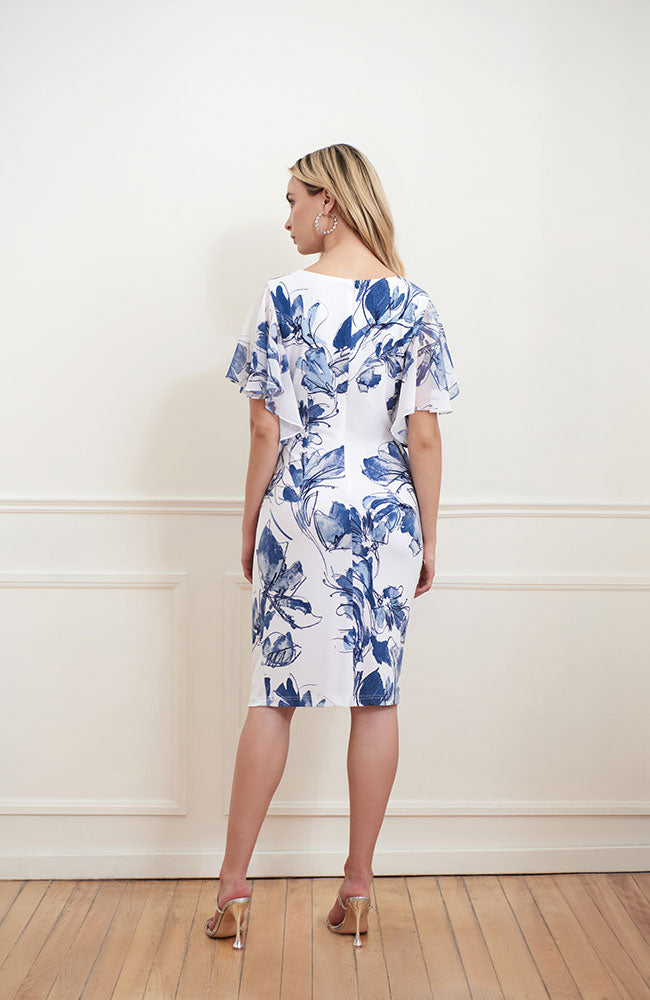 white dress with blue floral print Joseph Ribkoff Wrap Style 221352 mod dress women 92% Nylon Black Angelina Jolie Satin Color:Butterscotch