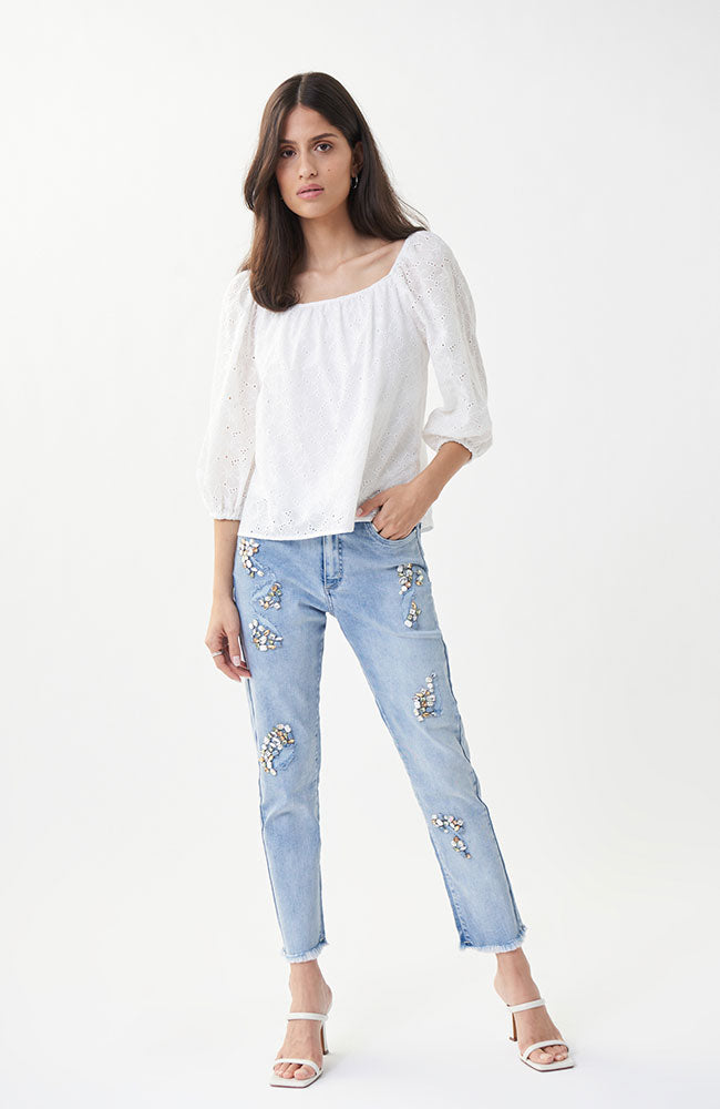 Stone Embellished Jean in Light Denim