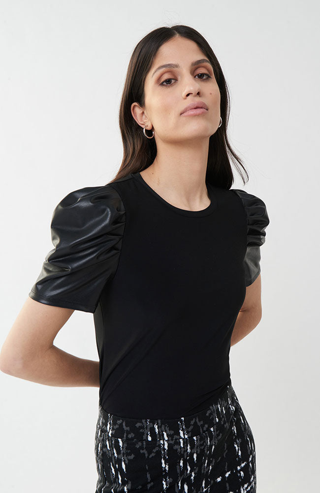 Leatherette Sleeve Top in Black