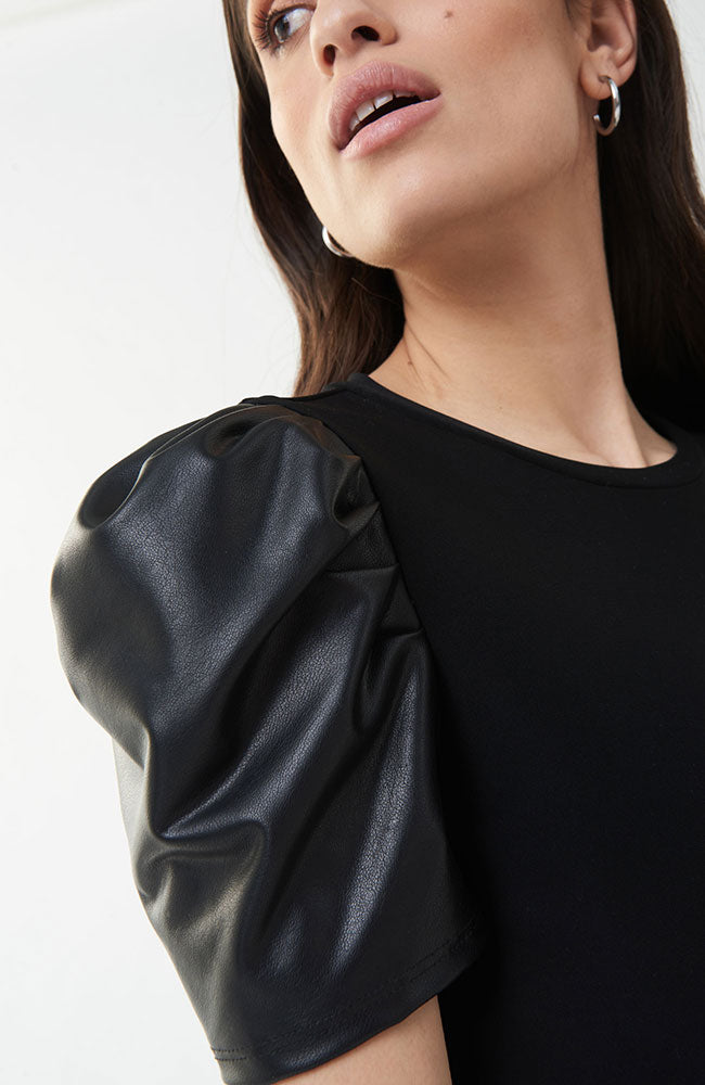 Leatherette Sleeve Top in Black