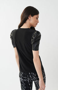 Leatherette Sleeve Top in Black