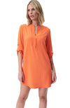 Zip Neck Dress with Button Tab Sleeve