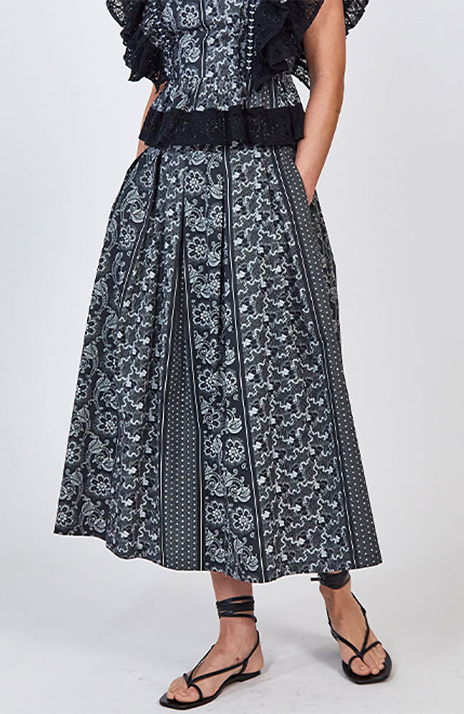 Alexis Skirt in Black Floral Stripe