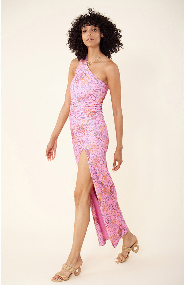 One Shoulder Maxi Print Dress Pink