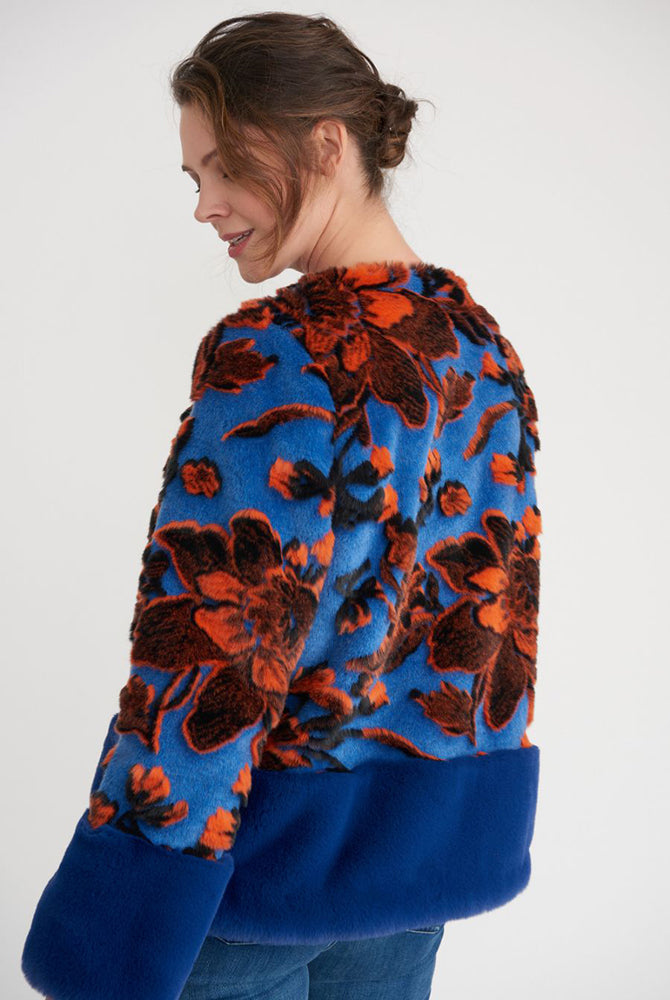 Faux Fur Coat in Blue Multi