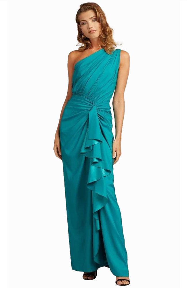 One Shoulder Ruffle Gown in Teal