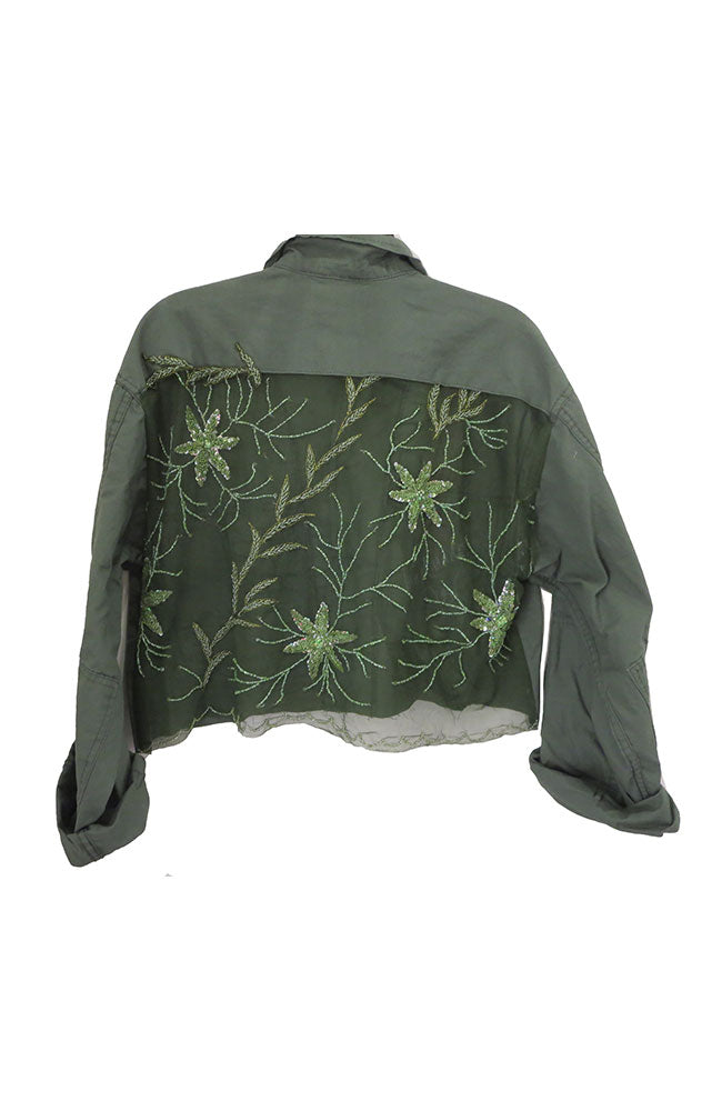 Crop Olive Linen Jacket Evergreen Back