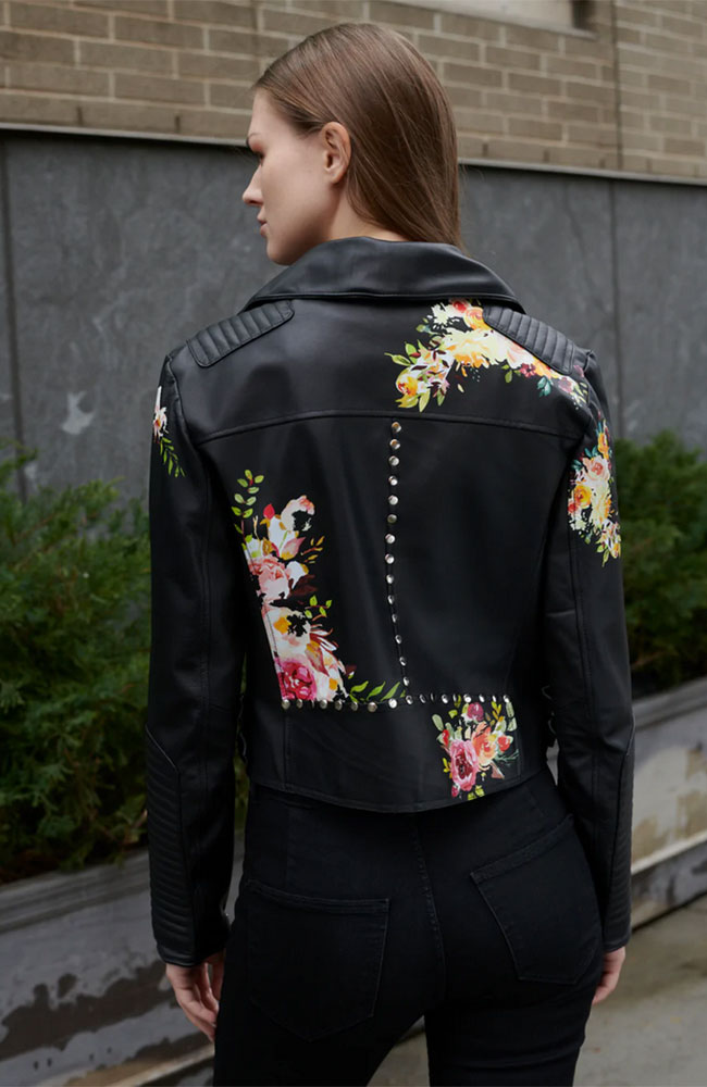 Leather Moto Jacket with Floral Embroidery
