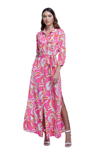 Cameron Long Shirt Dress in Orange Rose Abstract