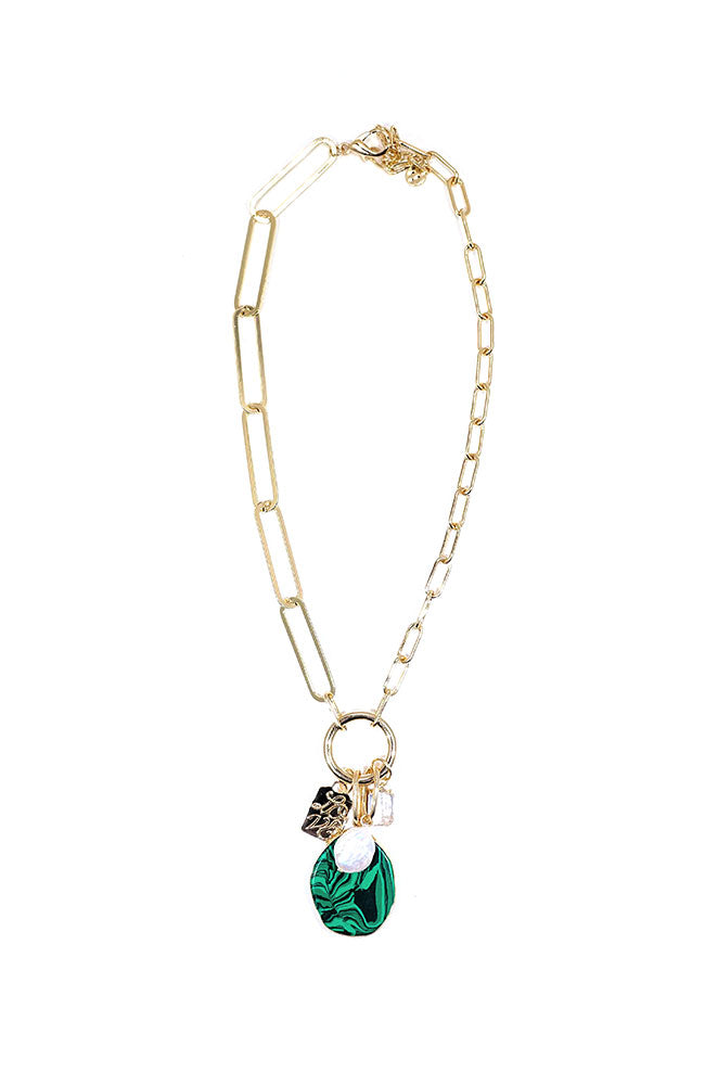 Gold Paperclip Necklace with Malachite and Pearl