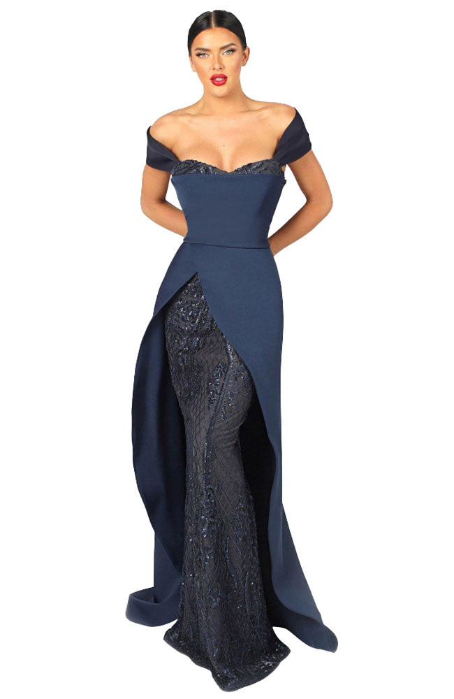 Off Shoulder Sequin Scuba Gown
