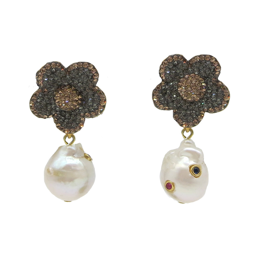 Multi Pave Flower & Pearl Earring