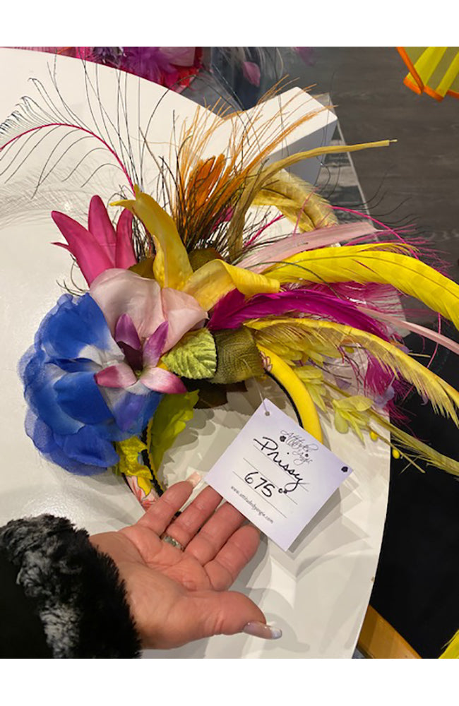 Prissy Yellow Head Band with  Blue & Pink Feathers
