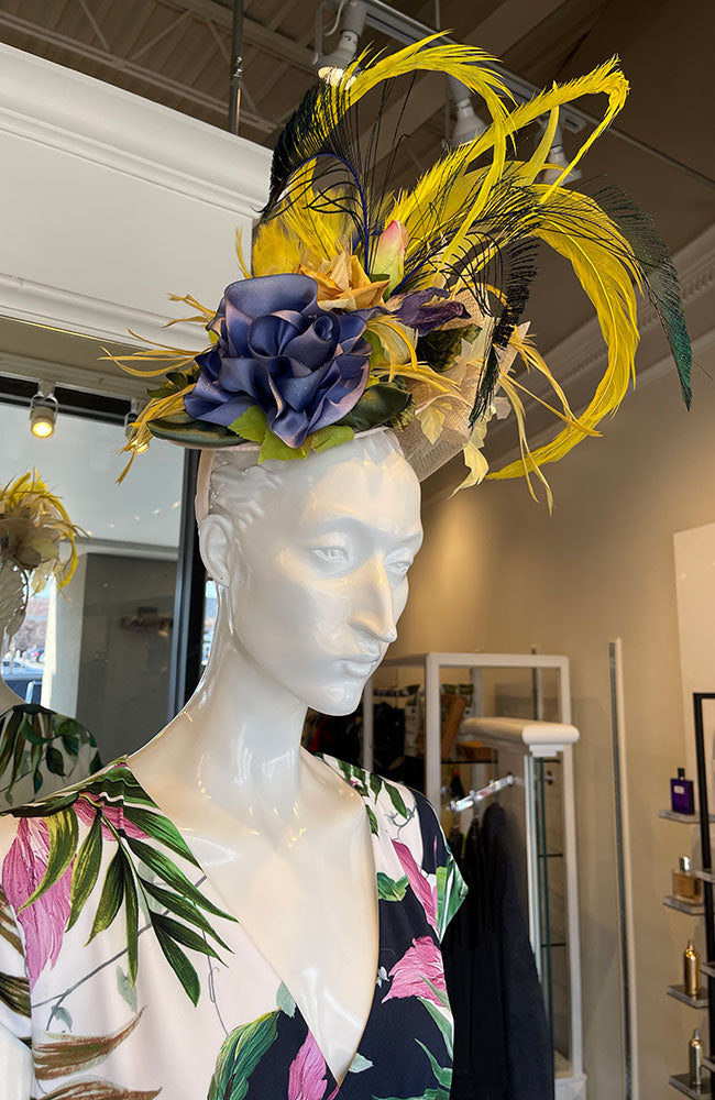 Beige Fascinator Purple Flower Yellow Feathers