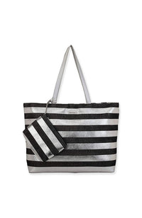 Stripe Shoulder Tote Black Silver