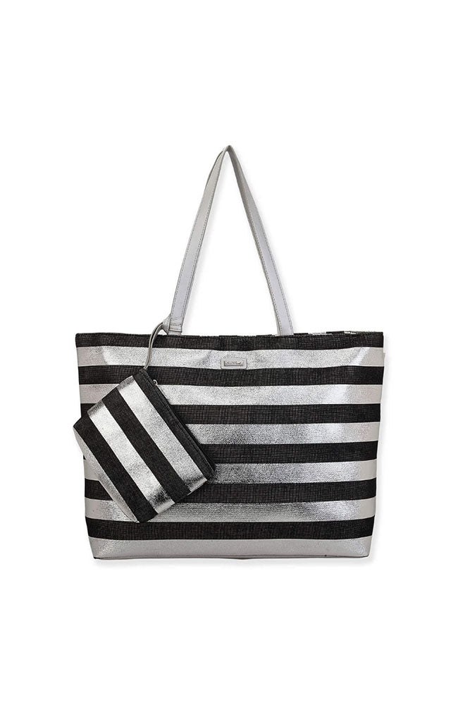Stripe Shoulder Tote Black Silver