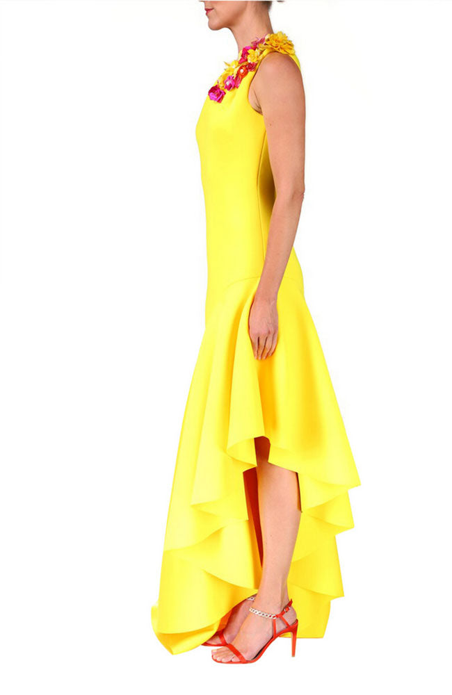 One Shoulder Hi Low Ruffle Gown