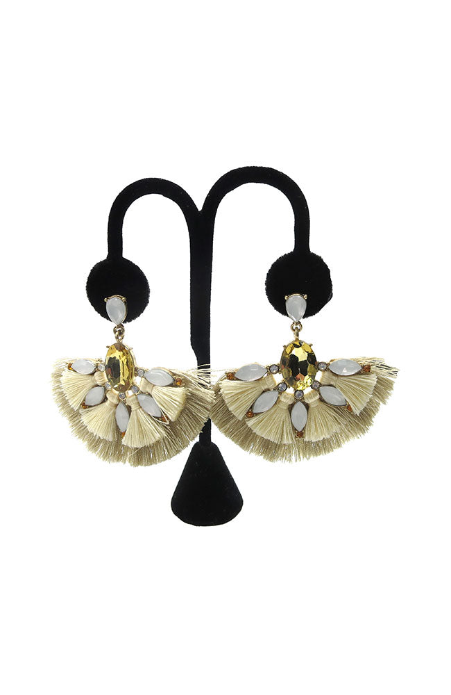 Jeweled Fan Tassel Earrings Natural Multi