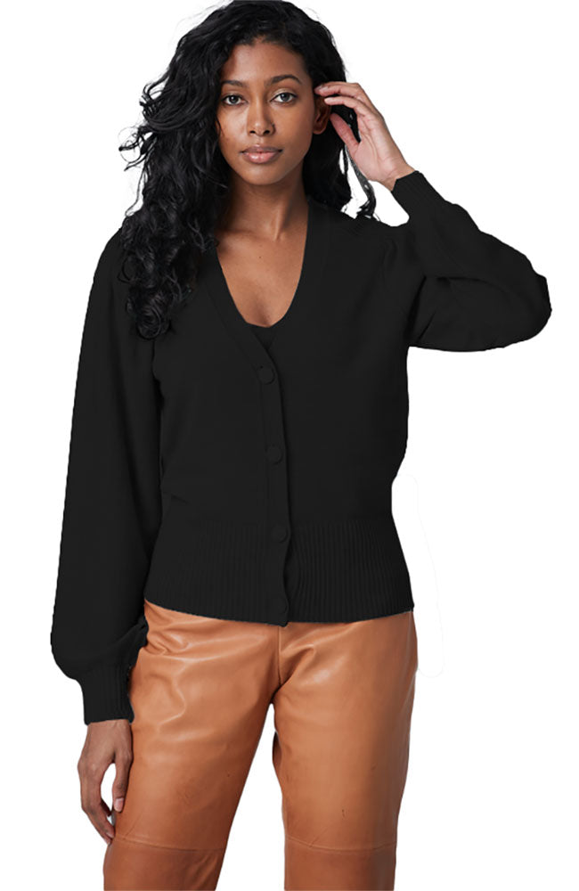 Cardigan Rib Detail Puff Sleeve