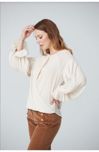 Pleated Sleeve Blouse with Folded Front