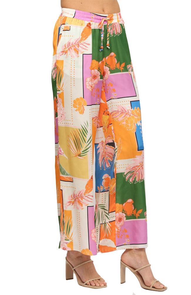 Tropical Print Wide Leg Pants
