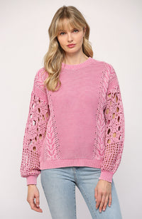 Washed Crochet Sleeve Sweater