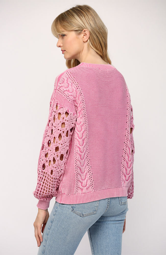 Washed Crochet Sleeve Sweater