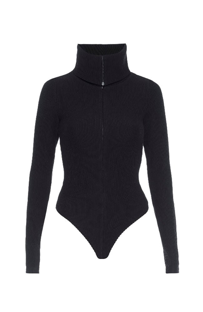 Funnel Neck Zip Bodysuit in Black