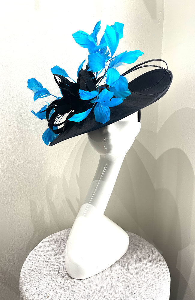 Fascinator Black with Blue Contrast Feathers