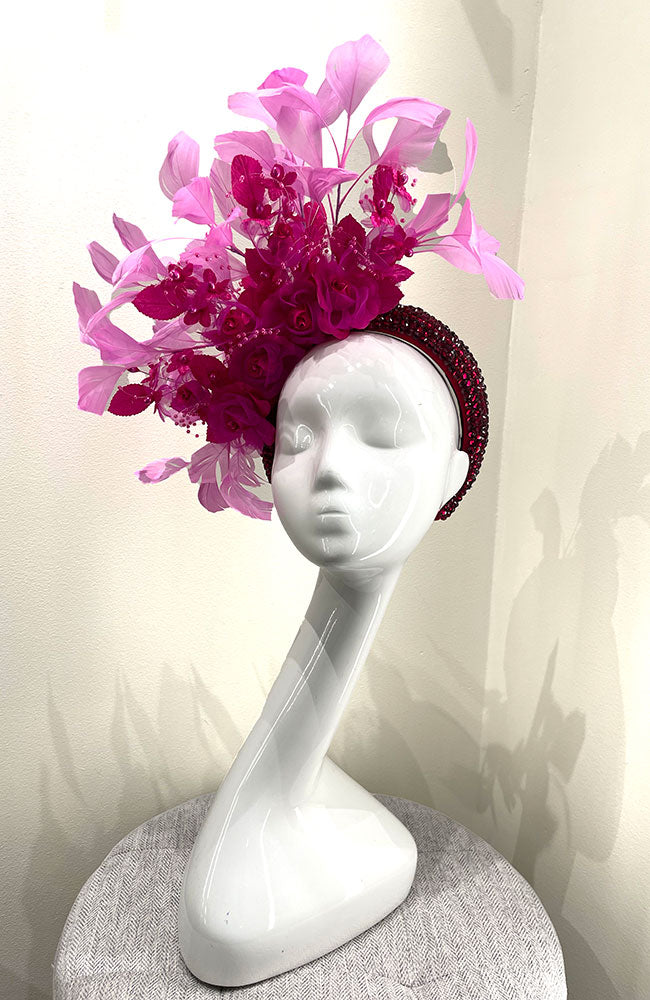 Fascinator Stone Encrusted Band with PInk Flowers