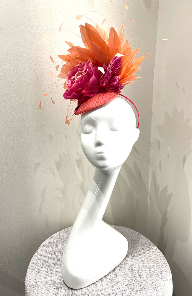 Fascinator PInk with Orange Feathers