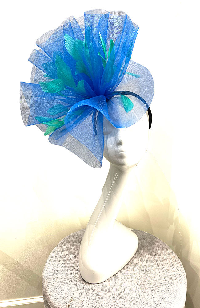 Fascinator Blue Mesh Teal Feathers