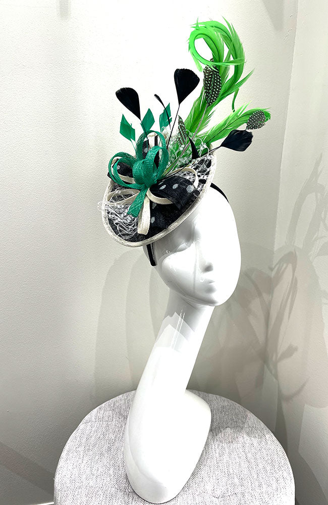 Fascinator Black White with Green Feathers