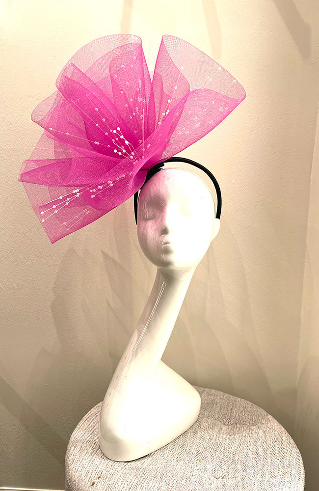Fascinator Pink Mesh with Pearl Details