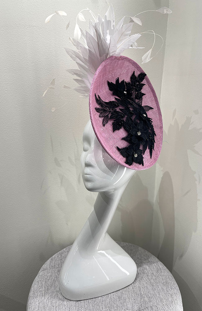 Fascinator Pink with Black Trim and White feathers