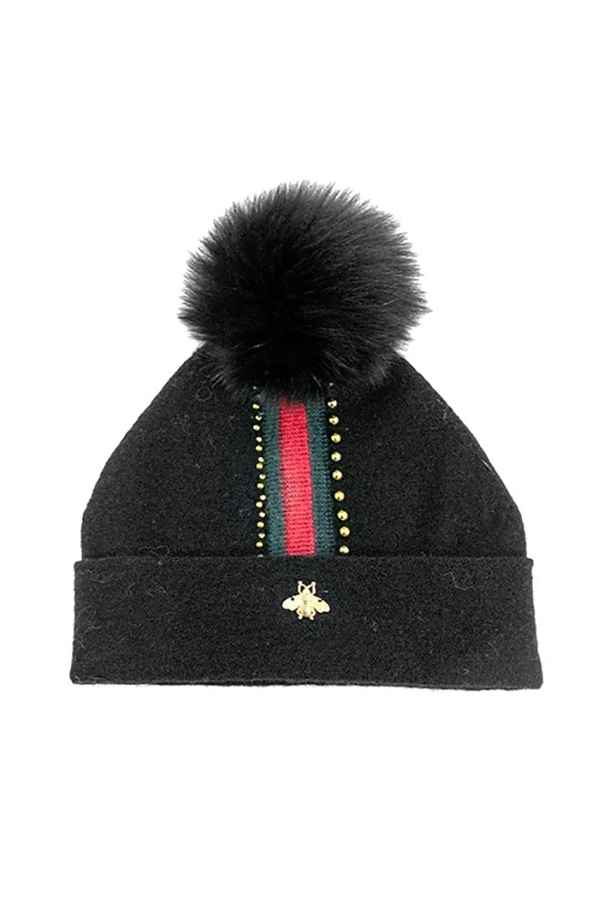 Knit Hat Bee on Border with Fox Pom