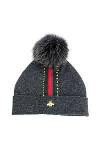 Knit Hat Bee on Border with Fox Pom