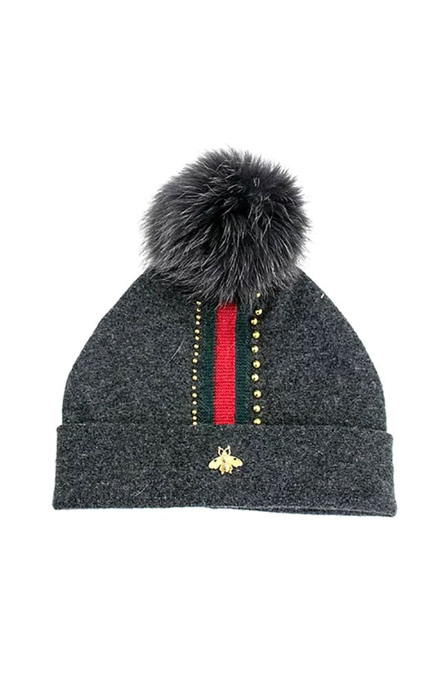 Knit Hat Bee on Border with Fox Pom