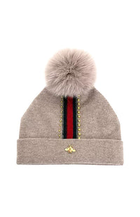 Knit Hat Bee on Border with Fox Pom