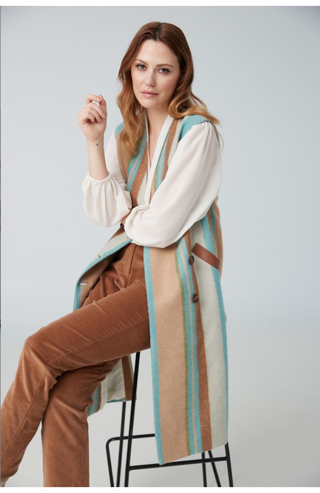 Sleeveless Long Coat in Jade Stripe TS