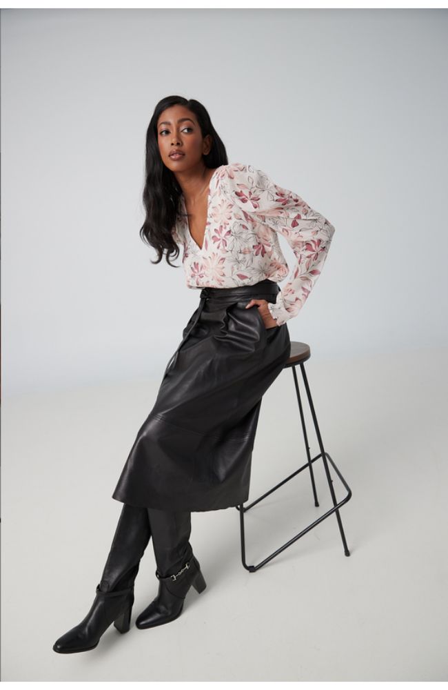 Pleated Front Aline Lamb Leather Skirt TS